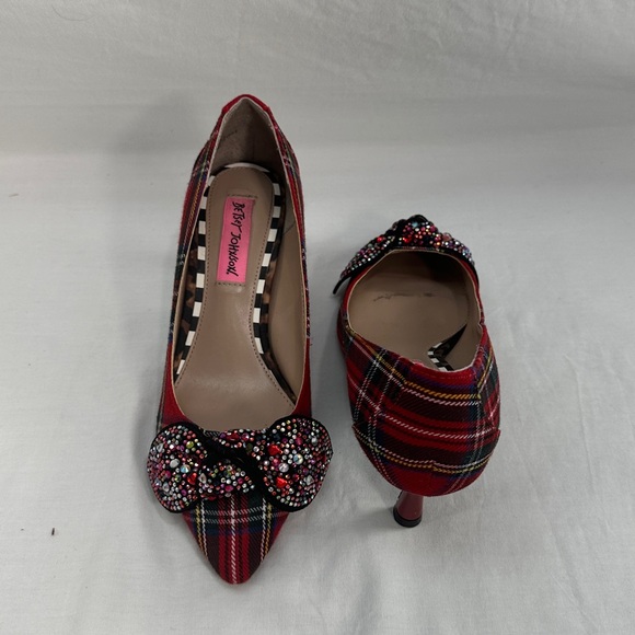 Betsey Johnson Red Tartan Plaid Lexie Kitten Heels Rhinestone Bows Shoes Sz 6m - Picture 2 of 13